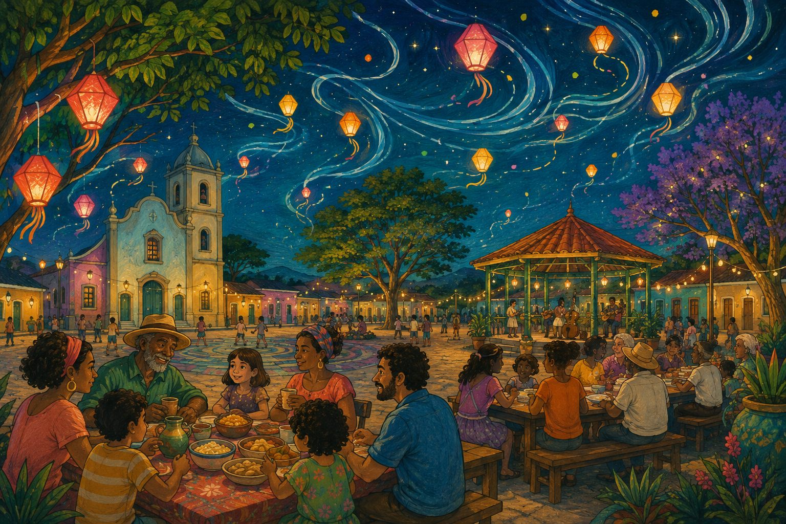 Praça animada à noite com lanternas desenhando rotas do vento