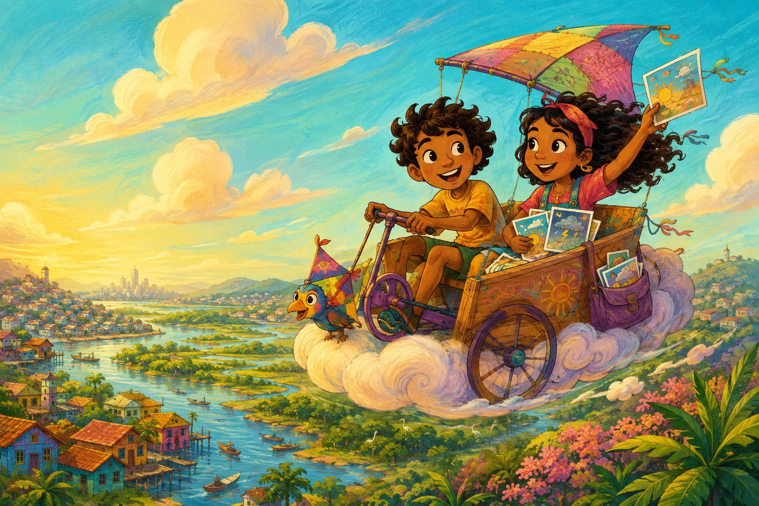Dois irmãos e uma ave-pipa voam num carrinho de nuvem sobre paisagens brasileiras imaginárias